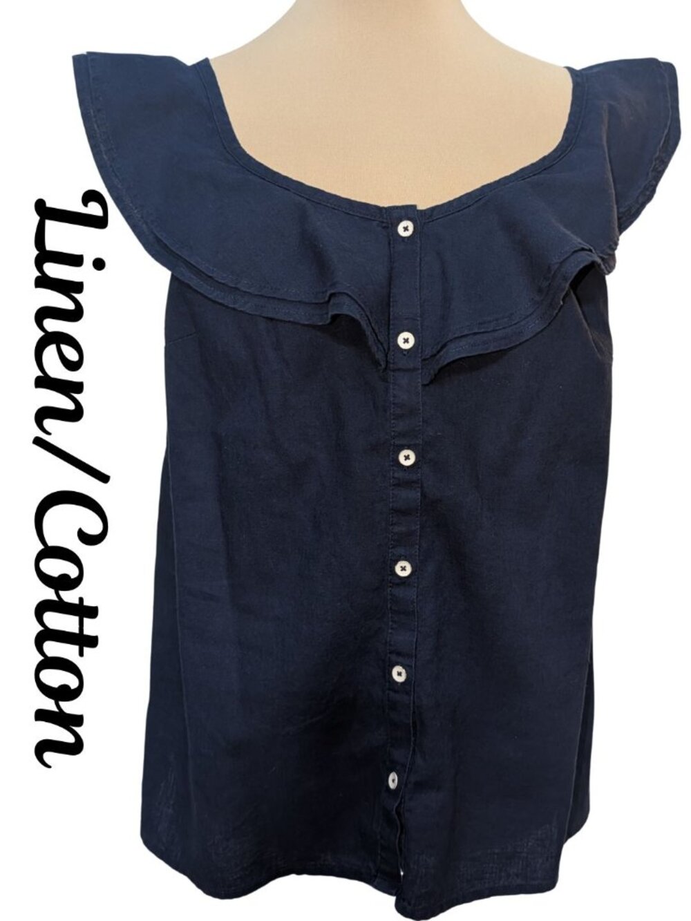 St. John's Bay Navy Blue Linen Cotton Blend Ruffle Button Down Blouse